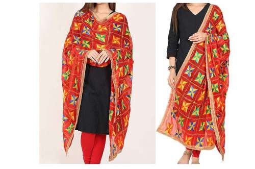 Pakha designer Red Phulkari Duppata by Phulkari Creations