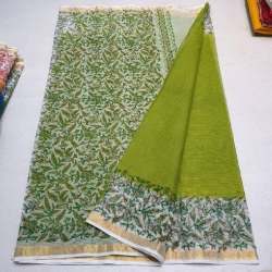parrot Green Block Printed saree