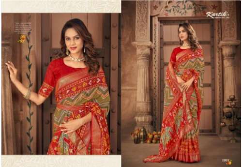 	multi color zari border Printed fancy saree by Kartik Sarees Pvt Ltd