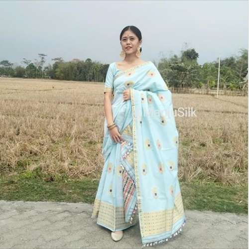 Sky Blue Mekhela Chadar by Manju Silk Centre