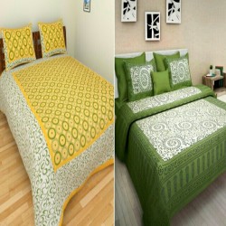 Jaipur Sanganeri Printed Cotton Double Bedsheet with 2 Pillow