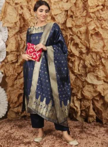 Fancy Silk Navy Blue Salwar Suit For Women