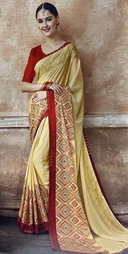 Synthetic border saree - yellow color