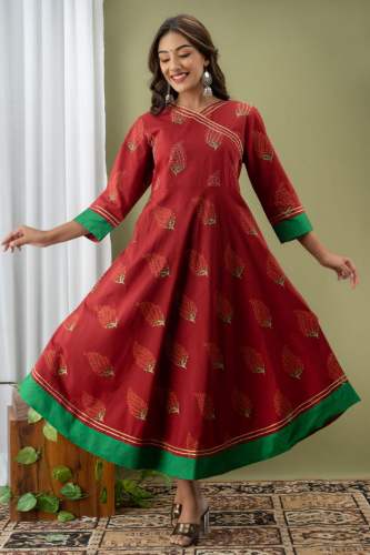 Angrakha Style Anarkali Red Cotton Kurti 