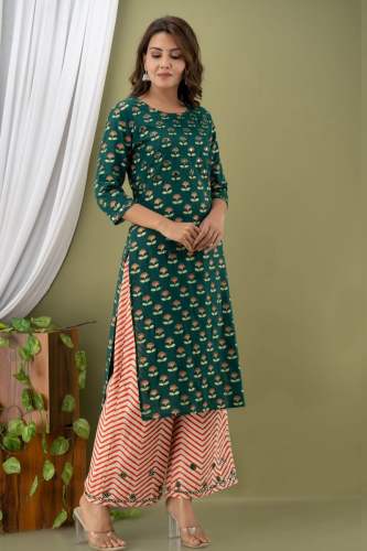 Exclusive Green Block Printed Kurti Palazzo Set  by Pancholi Collection