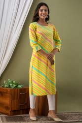 Fancy Yellow Leheriya Design Cotton Kurti 