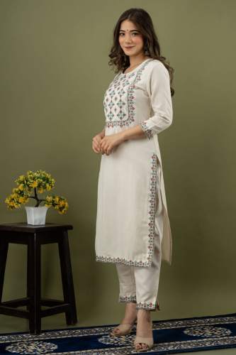 Festive wear Off White Cotton Flex Kurti Pant Set 