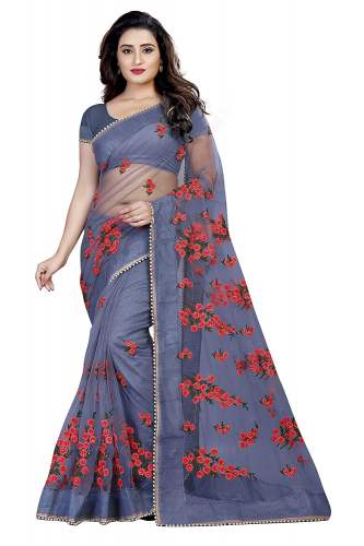 Pure mono net embroidery work saree