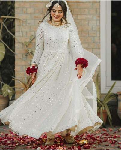Designer White Mirror work Gown by Aapani Dukan
