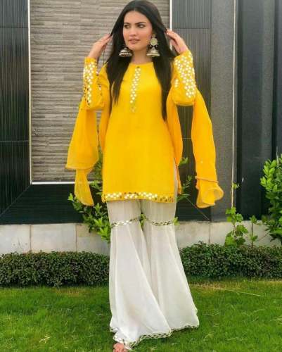 Georgette Yellow Sharara Suit  by Aapani Dukan