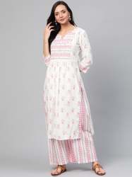 Yufta Off-White & Pink Printed Kurta with Palazzos