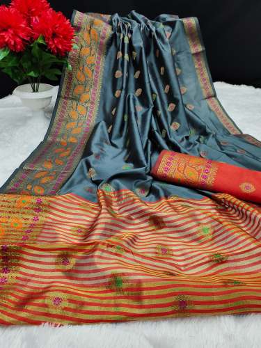 Aashopalav Grey Lichi Silk Saree