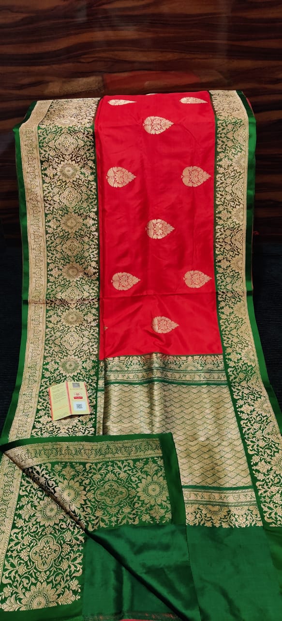 Exclusive Handwoven Katan Silk Big Border Butta Saree