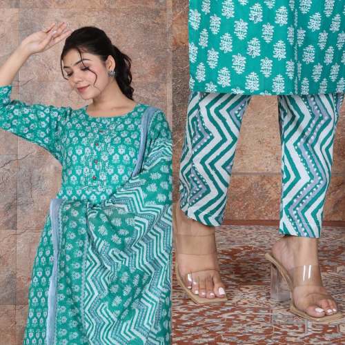 Stunning cotton Kurti Pant Set With Dupatta Set