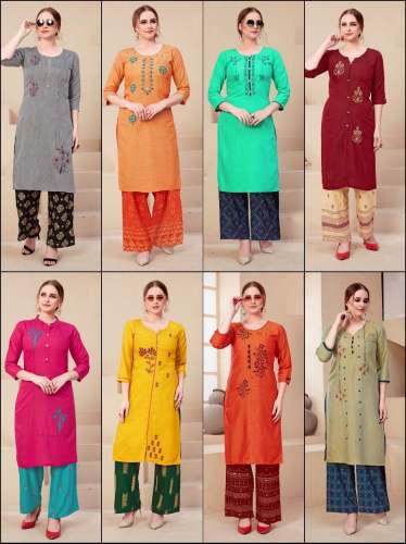  Rayon kurti with Foil Print Palazzo Set