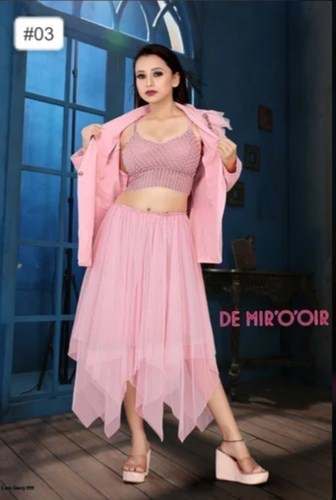 Ladies Pink Net Cord Set With Blazer And Belt 
