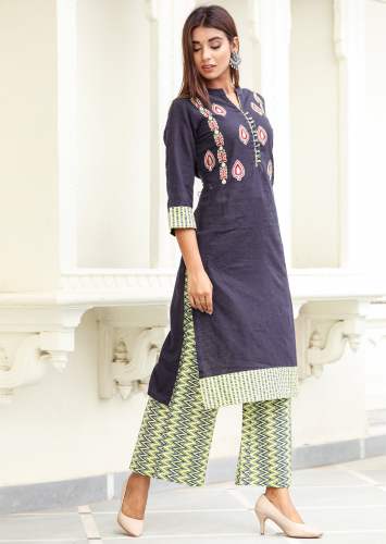 Misskurti Blue Cotton Embroidery Kurta & Palazzo by MISSKURTI