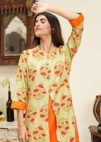 Misskurti Green and Orange A Line Printed Kurti by MISSKURTI