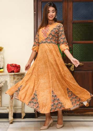 Misskurti Orange Rayon Embroidered Flared Kurti by MISSKURTI