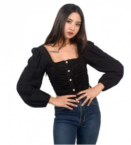 Vintage Puff Sleeves Black Ruched Top by Fashion Tiara