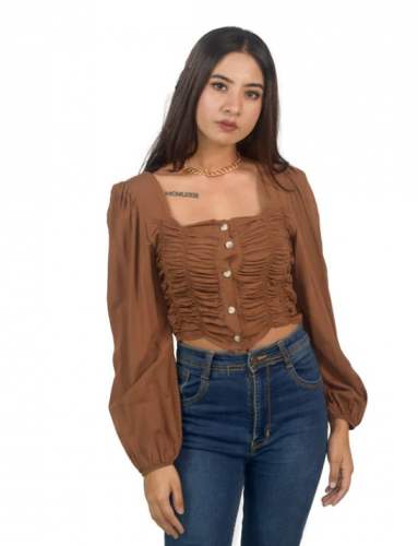 Vintage Puff Sleeves Brown Ruched Top Regular 