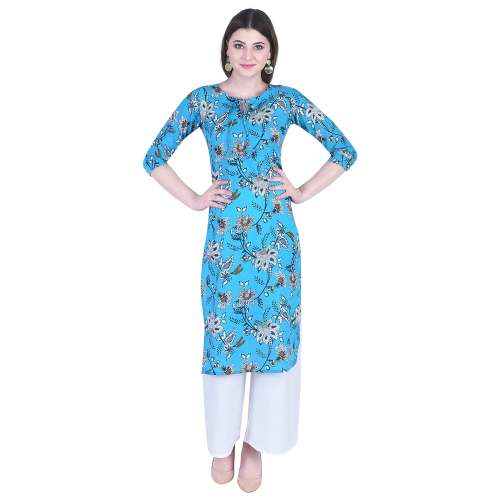 Cotton Blue Printed Straight Kurta