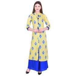 Cotton Yellow and Blue Printed Long Kurta