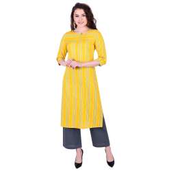 Rayon Yellow Striped Kurta with Grey Palazzo Pants