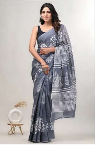 	Casual Block Prints mulmul cotton saree