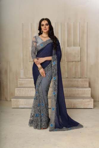 Party wear Grey Net Embroidered Saree by Fedex Fashion