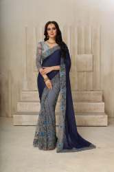 Party wear Grey Net Embroidered Saree