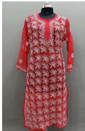 Designer Red Chikan Kurti  by M S K Chikan Udyog