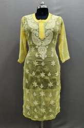 Pure Yellow Chikan Work Kurti 