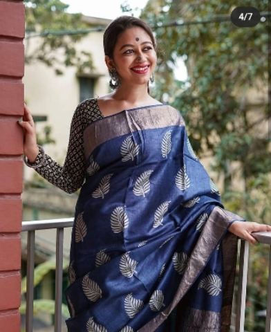 Leaf printed semi-silk saree by threads talk