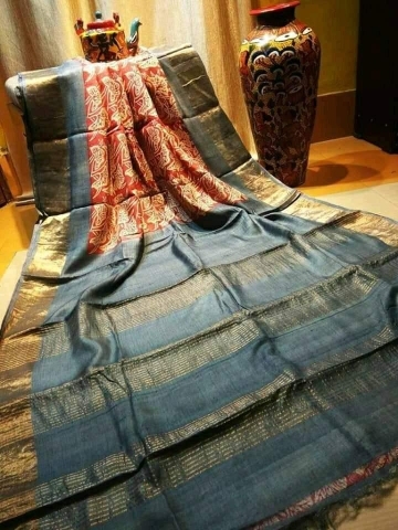 Zaari Tussar Handblock Printed Saree by threads talk