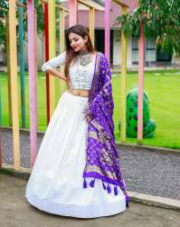 Beautiful White Cotton Lehenga with Purple Dupatta 
