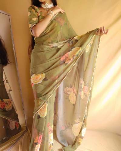 Floral Printed Georgette Saree with pearl Lace Border 