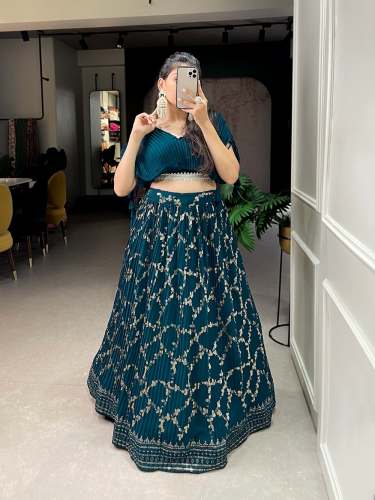 Rama Green Crushed Georgette Crop Top Lehenga Choli by dhanlaxmi textiles