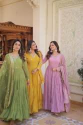  Unique Coloured Faux Georgette Gown with Embroidered work Dupatta 