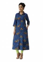 Blue Designer Long Kurtis With Multi-color Print