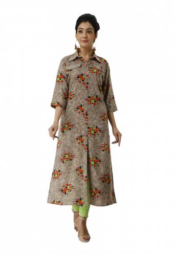 Brown Designer Long Kurti With Multi-color Print