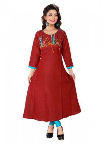 Designer Red Kurtis With Blue Thread work