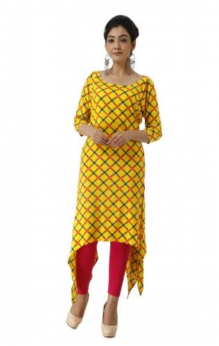 Designer Yellow Trail Cut Kurtis |  Crossed Print