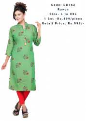 Green Printed Kurtis With Red  Floral Block Print