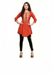 Orange Designer Kurtis | Golden Embroidery