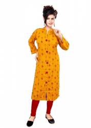 Straight Yellow Kurtis | Minimal Red Print