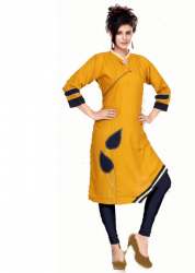 Yellow Designer Kurtis With Black And White Patch
