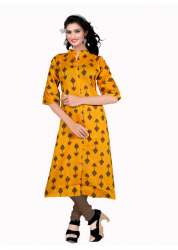 Yellow Designer Kurtis With Dark Yellow Print