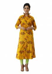 Yellow Designer Long Kurti With Multi-color Print