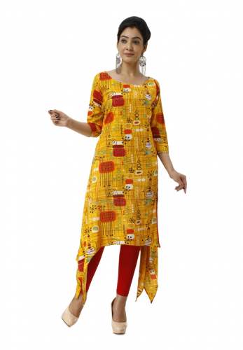Yellow Trail Cut Kurti With Abstract Print